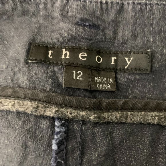 Theory Linen Blend Mid Rise Flare Pants 12 Black Front Pockets Zip Belt Loops - Picture 5 of 5